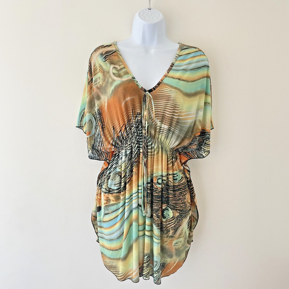 Y2K Tunic Top Peacock Feather Cyber Print Flowy Caftan Rave Resort‎ Festival L